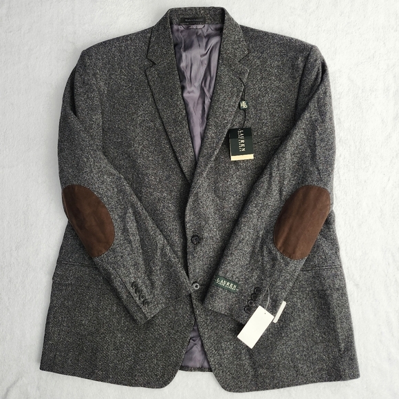 LAUREN RALPH LAUREN Men's 100% Grey Wool Sport Coat Blazer Elbow Patches 50R NWT - Picture 1 of 13